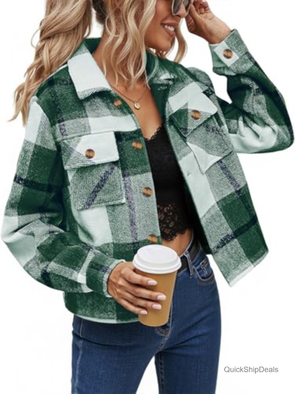 Cropped Plaid Shacket Jacket Long Sleeve Button Down Shirt